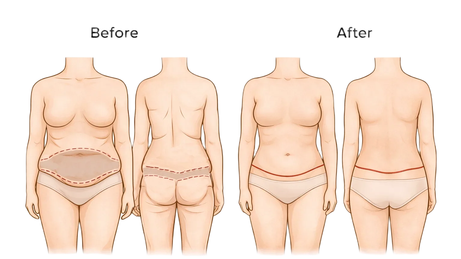 Illustration showing circumferential skin removal and typical lower torso scar placement in body lift surgery after major weight loss