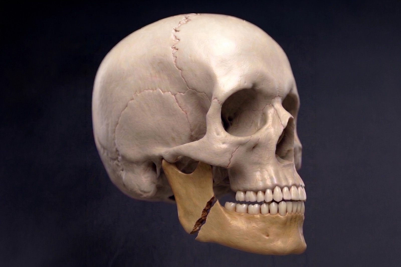 Broken jaw showing a mandible angle fracture affecting the lower jaw and bite alignment