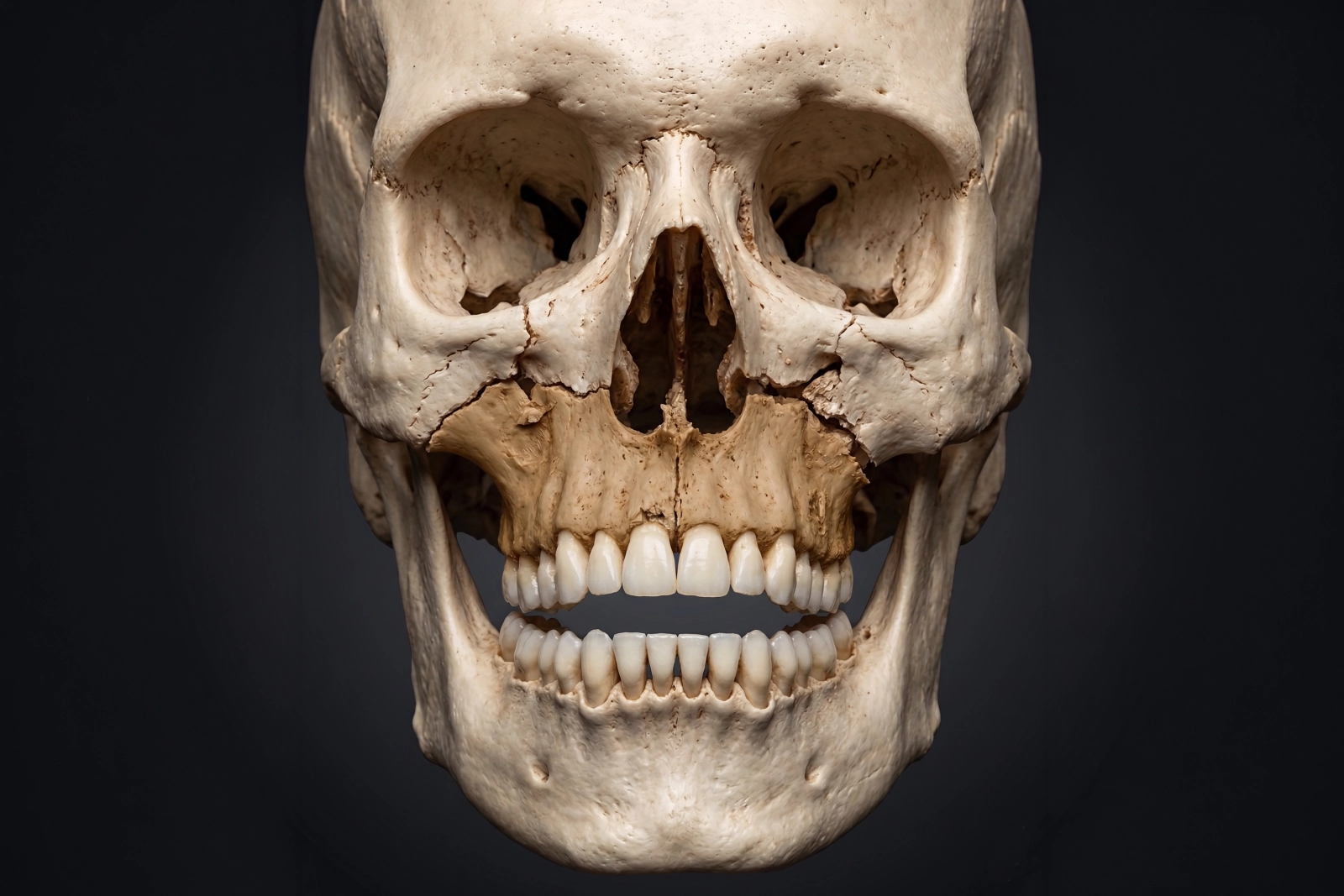 Broken jaw involving the upper jaw showing a maxilla fracture affecting the bite and midface stability