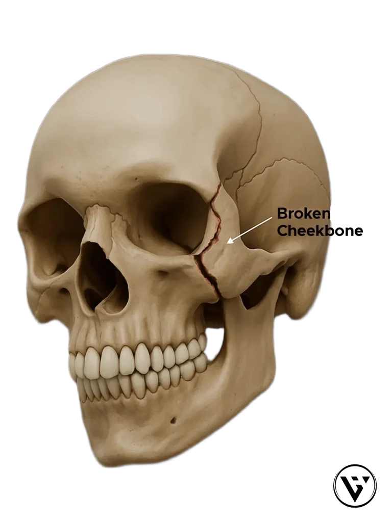 Diagram showing a cheekbone (zygomatic) fracture and typical injury pattern.