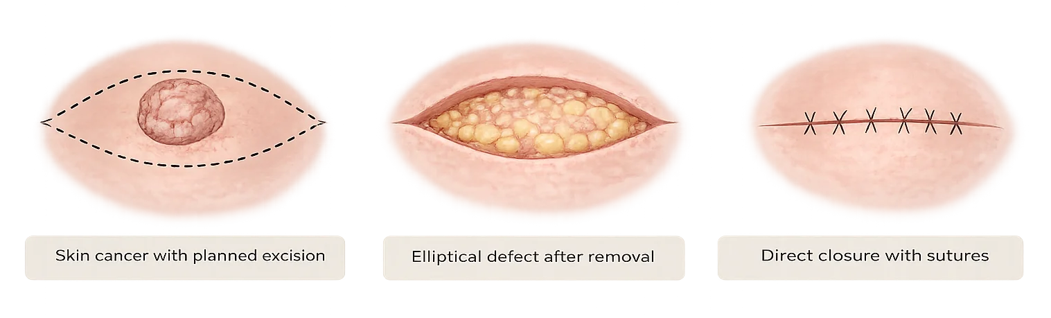 Diagram showing planned excision, the elliptical defect after skin cancer removal, and direct closure with sutures.