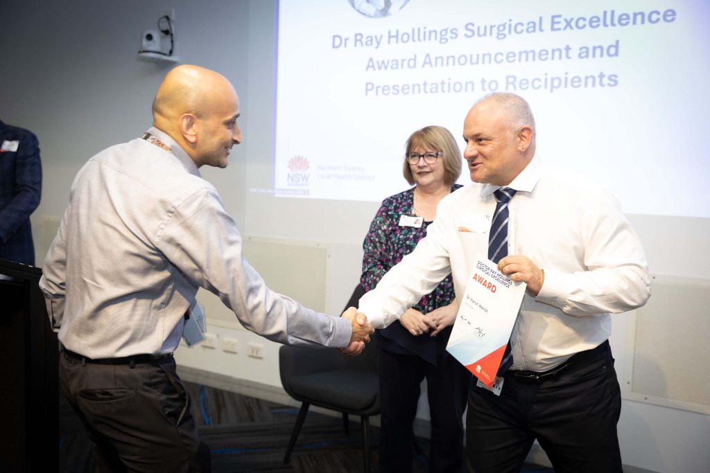 Dr Varun Harish receiving the Dr Ray Hollings Surgical Excellence Award at Royal North Shore Hospital (2026)