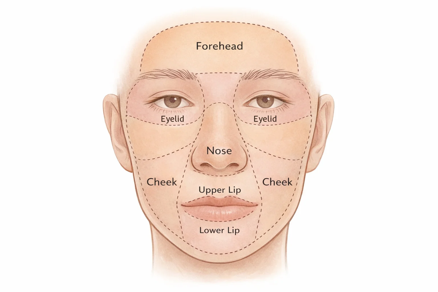 Facial aesthetic units used to guide reconstruction after facial skin cancer removal.