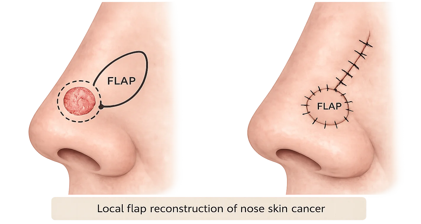 Diagram showing local flap reconstruction used to repair a nasal skin cancer defect.