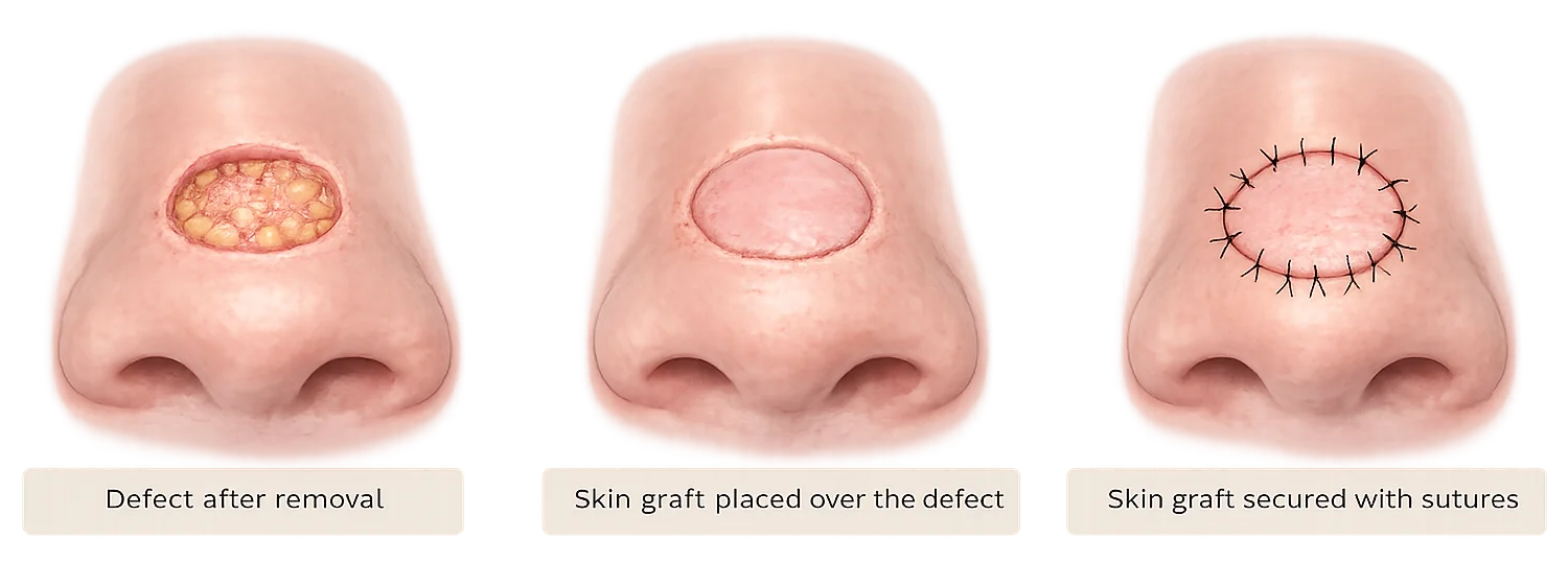 Diagram showing a skin graft placed over a nasal defect after skin cancer removal and secured with sutures.