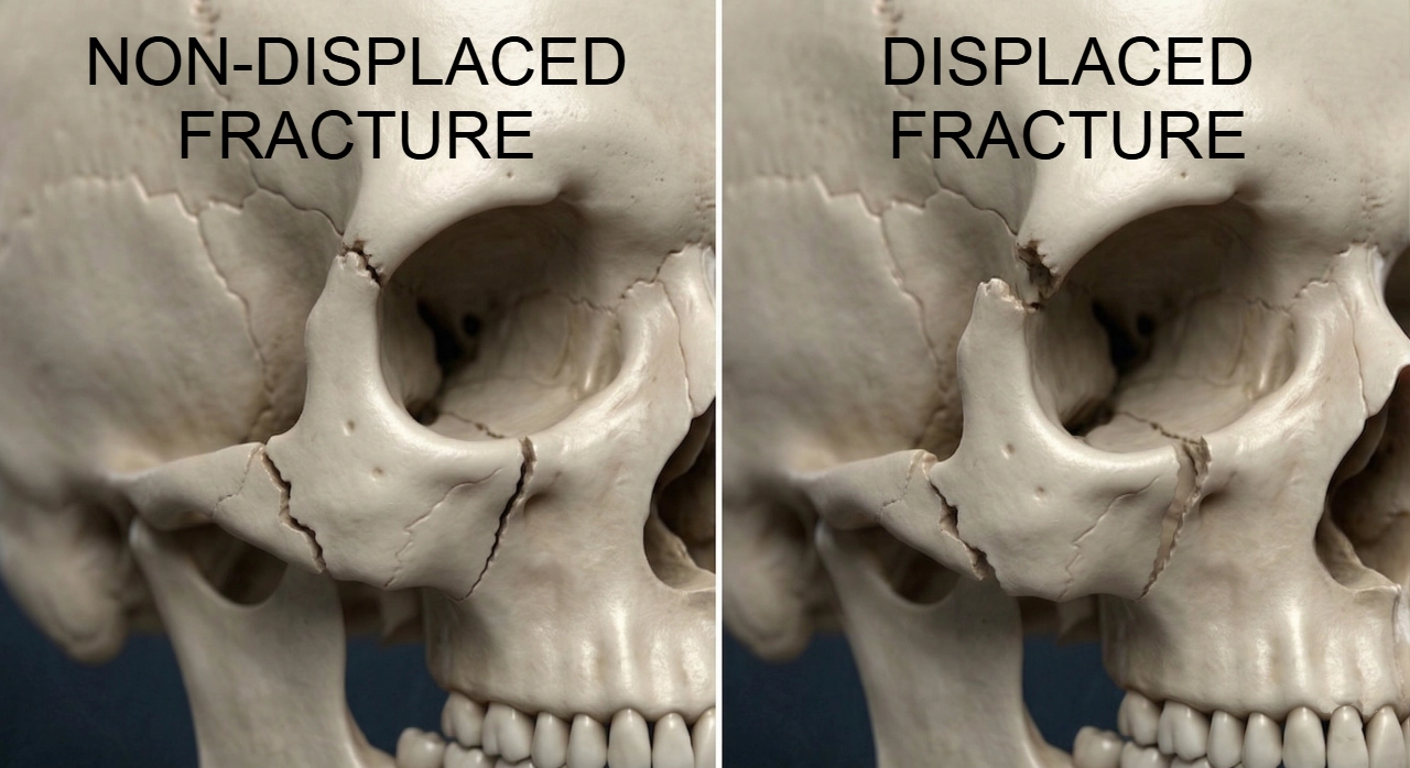 Comparison of non-displaced and displaced cheekbone fractures showing differences in alignment