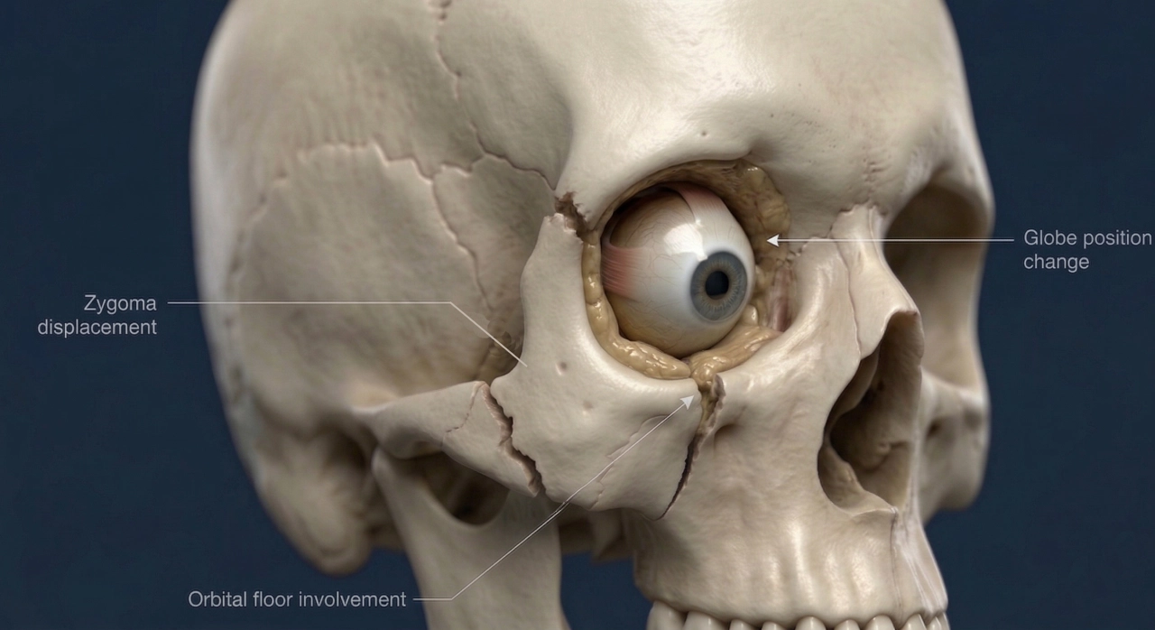 Cheekbone fracture involving the orbital floor that can affect eye position