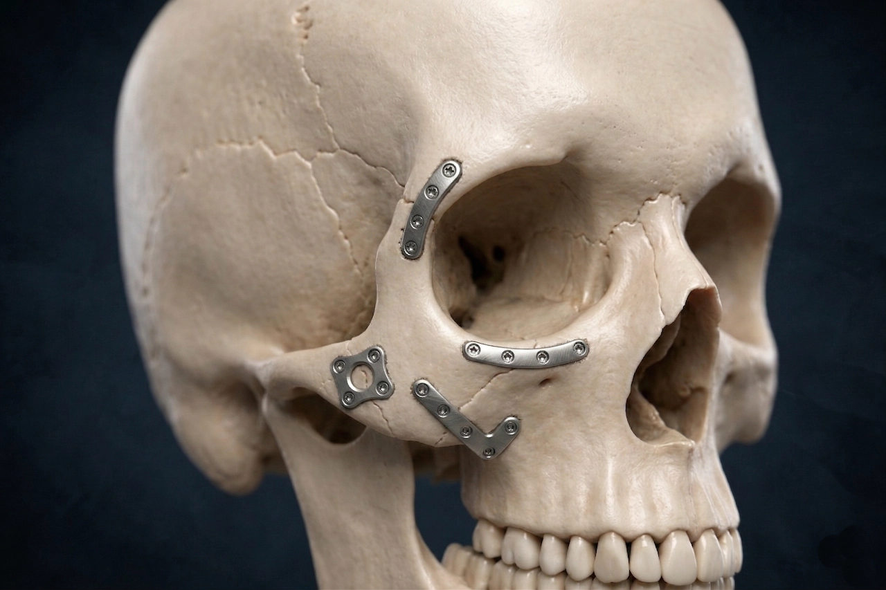 Cheekbone fracture repaired using plates and screws for fixation