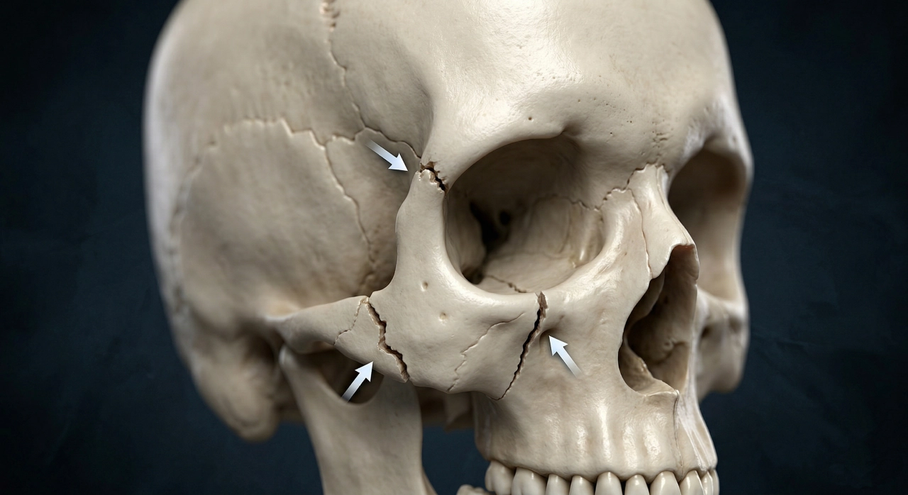 Illustration of a cheekbone fracture showing common fracture lines across the zygoma