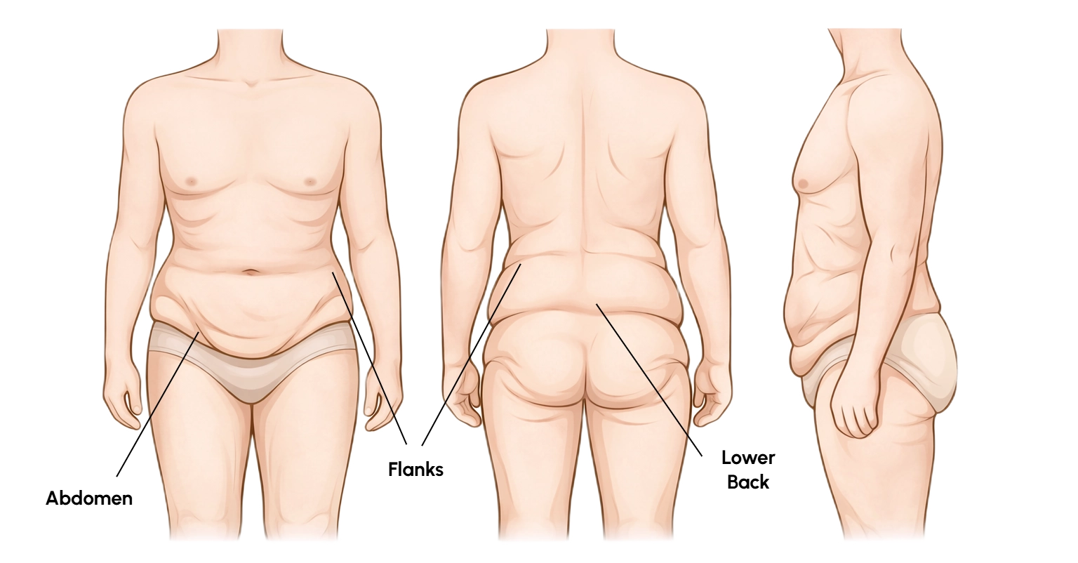 Front back and side views showing circumferential loose skin after weight loss around the abdomen flanks waistline and lower back